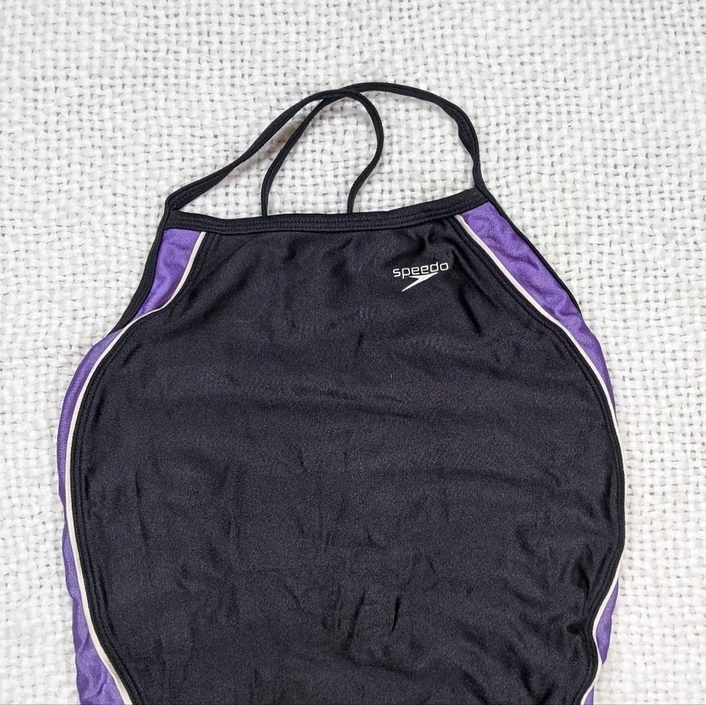 Speedo Rapid Splice Black and Purple Athletic Open Back‎ One Piece *See Measure